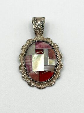 Sterling Silver 925 Oval Pendant Inlay & Red Accents